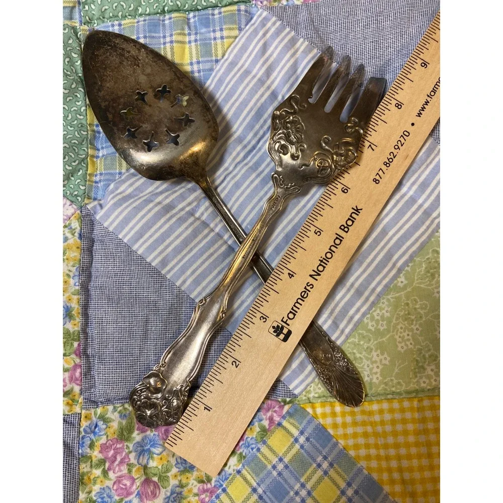 Vintage Wm Rogers Floral Meat Fork & Crown Silverplate Pie Server Patina Set